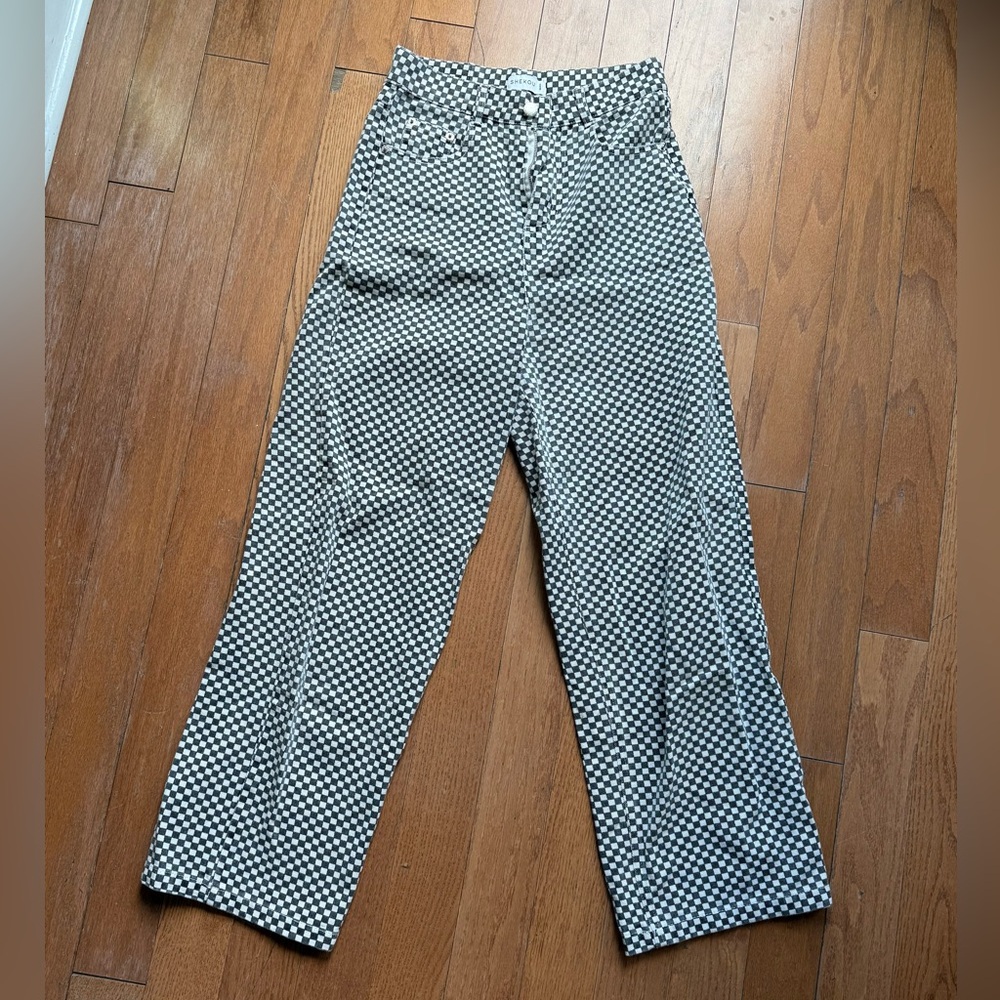 Shekou New Zealand Black and White Checkered Jeans, wide straight leg
